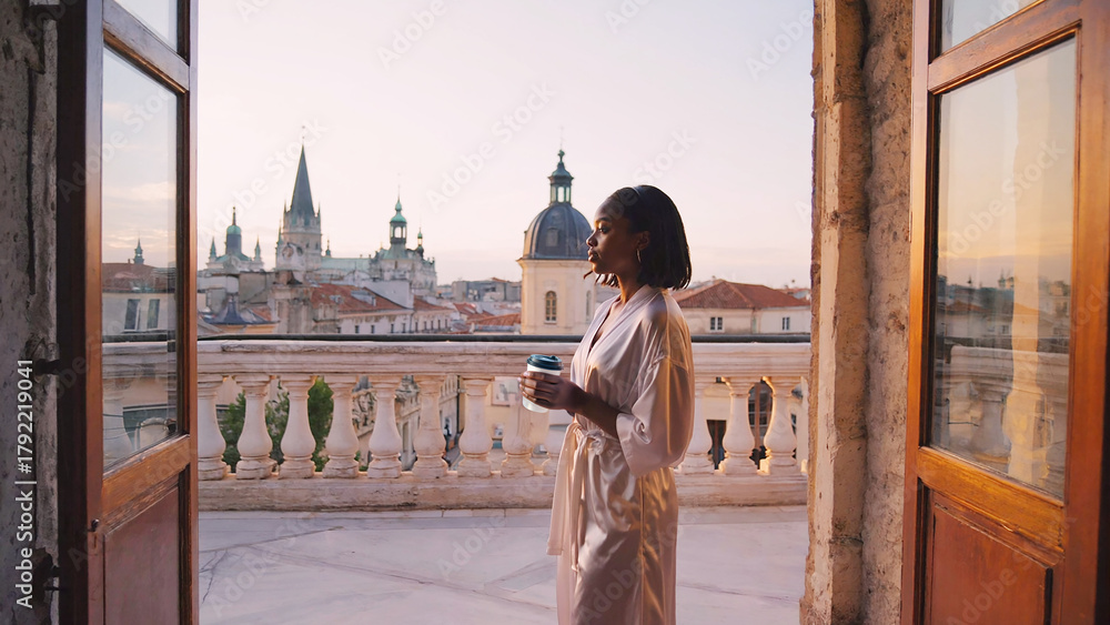 Obraz premium Young woman in silk robe standing on old european balcony with morning coffee at soft pastel sunrise light