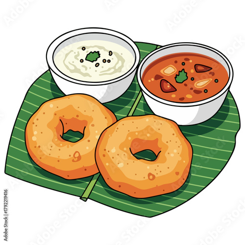 Medu Vada with Chutneys – South Indian Snack Vector Illustration
