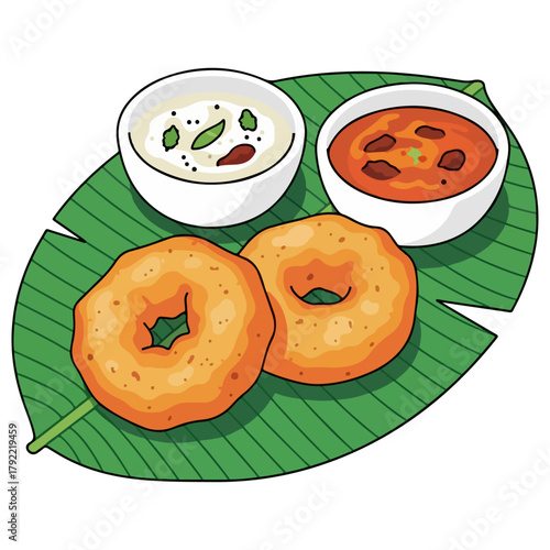 Medu Vada with Chutneys – South Indian Snack Vector Illustration
