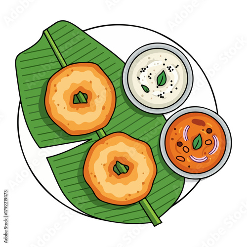 Medu Vada with Chutneys – South Indian Snack Vector Illustration
