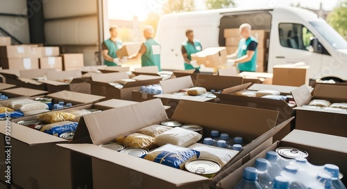 Volunteers sorting food packages for donation with focus on open boxes filled with groceries. Charity and food bank support concept.