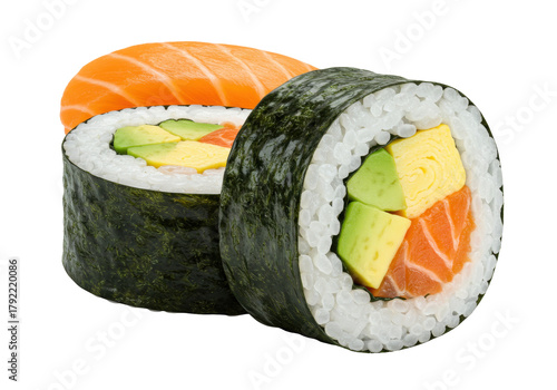 Fotografie Isolated two pieces of sushi maki and salmon sashimi, traditional Japanese cuisi