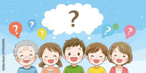 Ilustración de un grupo diverso de personas sonrientes con burbujas de pensamiento y signos de interrogación sobre sus cabezas, representando curiosidad o preguntas.