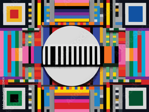 Patrón abstracto geométrico y colorido con un círculo central y barras verticales, evocando una carta de ajuste de televisión.
