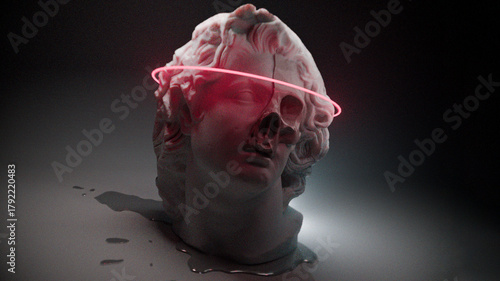 Antique sculpture of Alexander the Great with a reinterpreted design, fragments of a skull on the face. 3D design, neon halo overhead, digital creativity