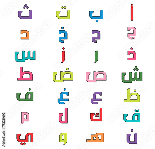 Colorful vector illustration featuring the Arabic and French alphabets with numbers, designed for kids’ education and early learning. Perfect for preschool and kindergarten materials, posters, flashca