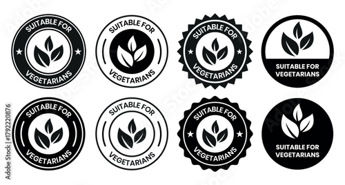 Suitable for Vegetarians stamp sticker with Leaves icon vector illustration. Suitable for Vegetarians sign, logo, badge, icon, sticker, label, emblem, stamp, symbol, black, line, flat vector.