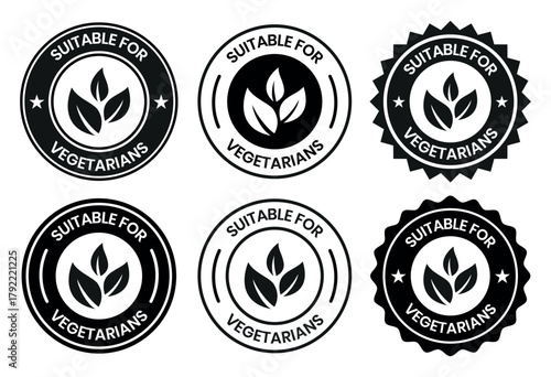 Suitable for Vegetarians stamp sticker with Leaves icon vector illustration. Suitable for Vegetarians sign, logo, badge, icon, sticker, label, emblem, stamp, symbol, black, line, flat vector.