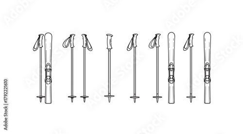 Collection of ski poles in a minimalist line drawing silhouette style