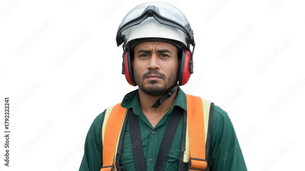Fototapeta premium A serious male worker in full personal protective equipment, including helmet, ear protection, and high-visibility harness, looking forward. background removed