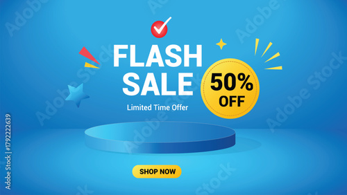 Flash sale banner with 50% off discount on blue background