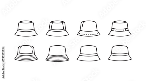 Collection of eight distinct bucket hat silhouettes in a simple line drawing style silhouette