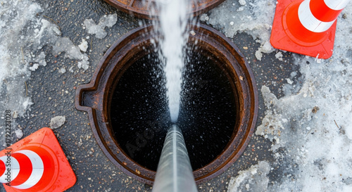 Clean water access maintenance crew flushing municipal sewer line in winter with traffic cone safety and icy pavement providing urgent civic infrastructure care
