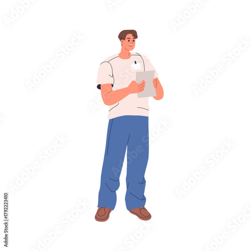 Man assistant, event organizer standing with badge and paper in hand. Happy male manager, coordinator, moderator holding checklist, document. Flat vector illustration isolated on white background