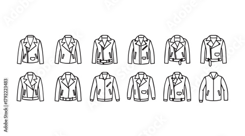 Collection of black and white motorcycle leather jacket silhouettes on a white background