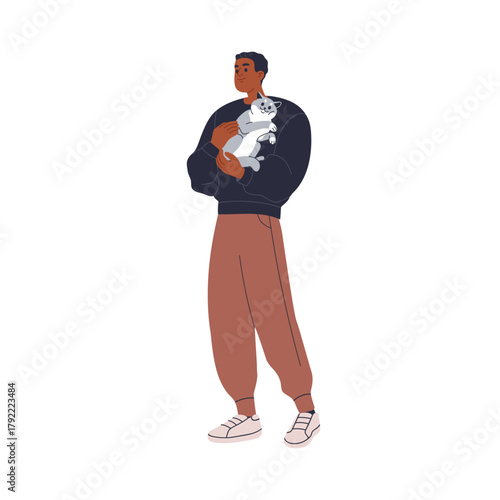 Man holding, carrying cute cat in hands. Male pet owner cuddling, hugging funny kitty, feline animal, furry friend companion with love, trust. Flat vector illustration isolated on white background