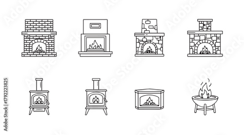 Collection of eight different fireplace and stove silhouette icons for cozy home interiors