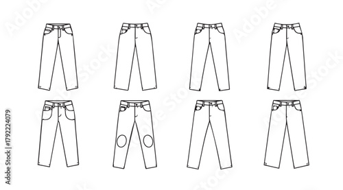 Collection of eight different styles of denim jeans depicted in a hand drawn sketch silhouette