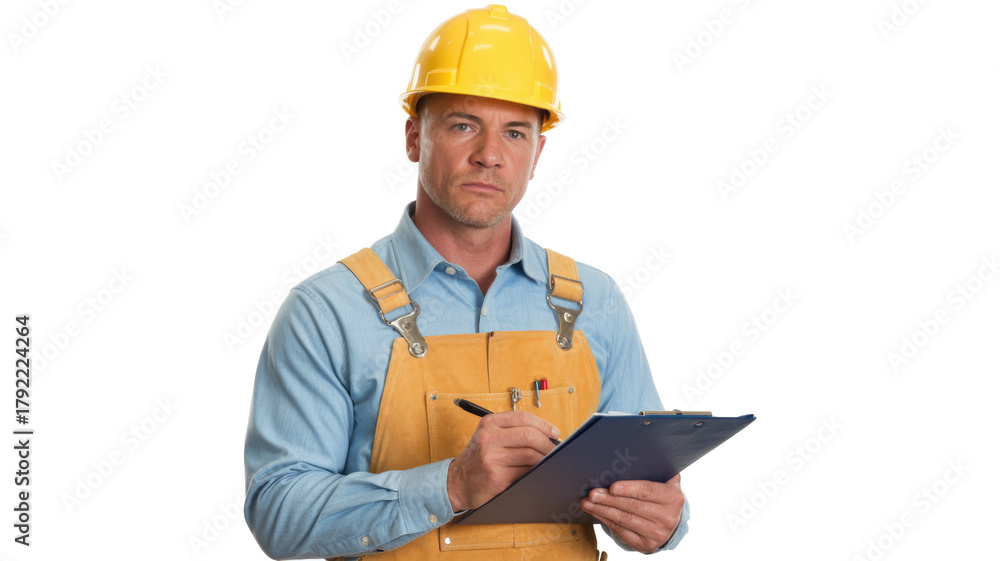 Fototapeta premium A serious male construction worker or inspector in a yellow hard hat and apron, diligently writing on a clipboard with a pen. background removed