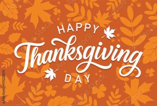 Happy Thanksgiving Day card or banner. White hand-lettered text with shadow set against a rich orange background featuring a seamless, tone-on-tone pattern of various autumnal leaves, including maple 