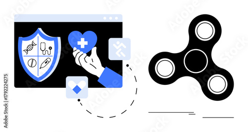 Hand holding heart symbolizing medical care near shield with health icons alongside a fidget spinner. Ideal for wellness, mental health, healthcare, stress management, insurance, technology, simple
