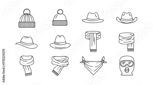 Collection of winter clothing accessories in a hand drawn silhouette style