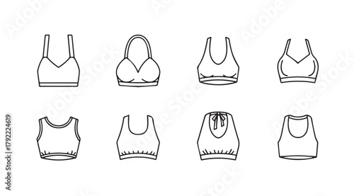 Collection of eight different sports bra and tank top silhouettes for activewear design