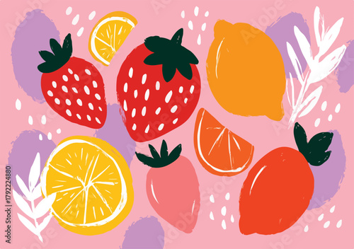 Ilustración vibrante de fresas, limones y naranjas con formas abstractas sobre fondo rosa.