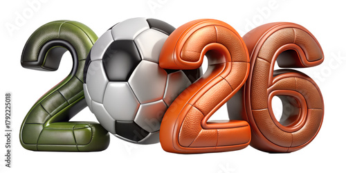 3D Render of 2026 Numbers with Soccer and Football Balls in Leather Style