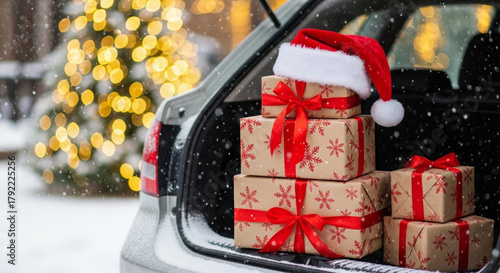 Christmas shopping list and family prepare new year gifts in snowy car trunk with wrapped present and santa hat evoking cozy joyful holiday spirit