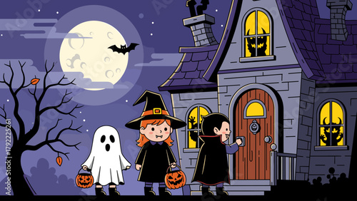 Halloween Night Trick-or-Treating: Kids in Costumes at a Spooky Haunted House Under a Full Moon with Flying Bat