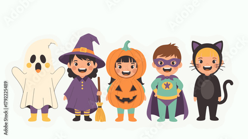 Adorable cartoon children in a row, dressed in various Halloween costumes: ghost, witch, pumpkin, superhero, and black cat, smiling and ready for t...