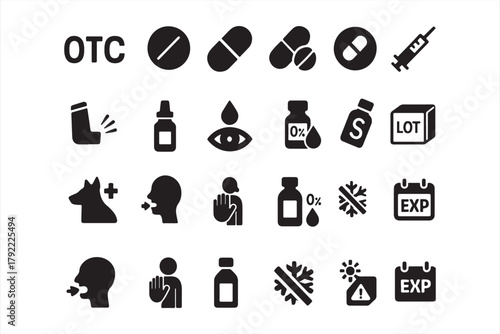 This image displays a collection of black and white icons representing various aspects of medication and health. It includes symbols for "OTC" (over-the-counter), pills, capsules, inhalers, eye drops,