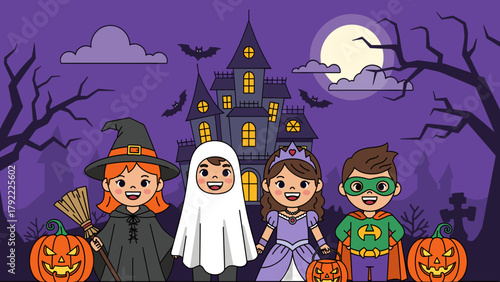 Cartoon Children in Halloween Costumes Stand Before a Spooky Haunted House with Pumpkins and Bats Under a Full Moon