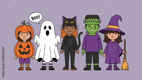 Cute Cartoon Children Dressed in Classic Halloween Costumes: Pumpkin, Ghost, Black Cat, Frankenstein, and Witch, Standing Together on Purple Backgr...