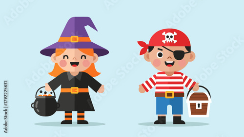 Happy cartoon kids dressed as a witch and pirate for Halloween, holding trick-or-treat buckets, isolated vector illustration