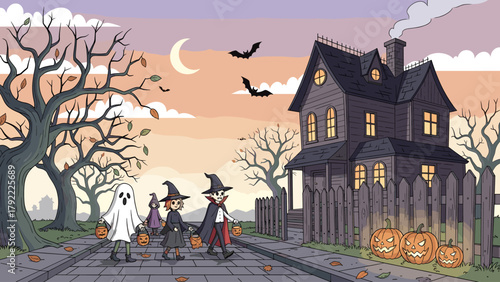 Whimsical Halloween Night: Kids in Costumes Trick-or-Treating by a Spooky House with Bats and Pumpkins Illustration