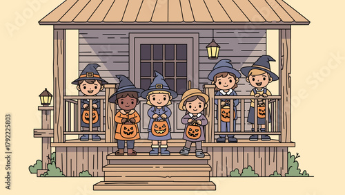 halloween kids trick or treating on porch clip art preview