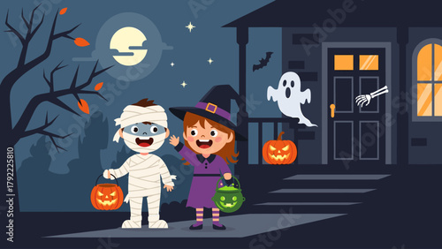 Joyful Kids in Mummy and Witch Costumes Trick-or-Treating on Spooky Halloween Night with Haunted House, Pumpkins, and Ghost