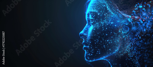 Futuristic AI digital human face formed from glowing blue data particles on a dark background, representing artificial intelligence, neural networks and modern technology