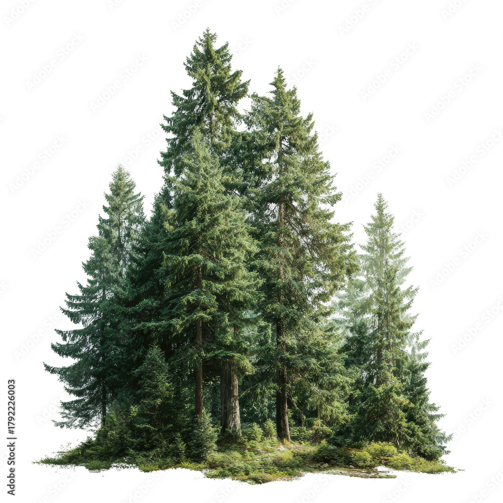 Obraz premium Towering evergreen trees in a lush forest, perfect for nature and environmental projects, isolated on a transparent background