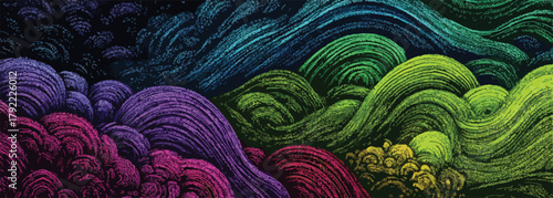 Paisaje abstracto de formas onduladas y colores vibrantes, con texturas que evocan hilos o nubes en una composición dinámica.