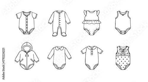 Collection of baby clothing items and onesies in a simple line art silhouette style