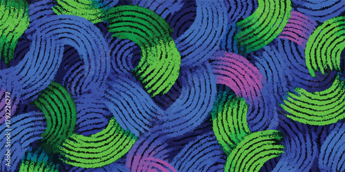 Patrón abstracto vibrante de líneas curvas y onduladas en tonos azules, verdes y morados.
