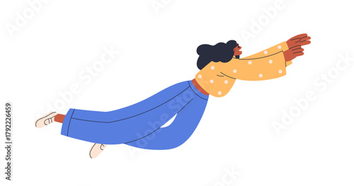 Woman flying. Fly in air. Happy cheerful female gliding, floating, soaring, levitating with joy, freedom. Excited person hovering, weightlessness. Flat vector illustration isolated on white background