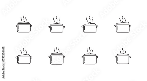 Collection of eight steaming cooking pots in a simple line drawing silhouette style