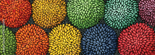 Patrón vibrante de formas circulares texturizadas en una variedad de colores brillantes, evocando flores o pompones.