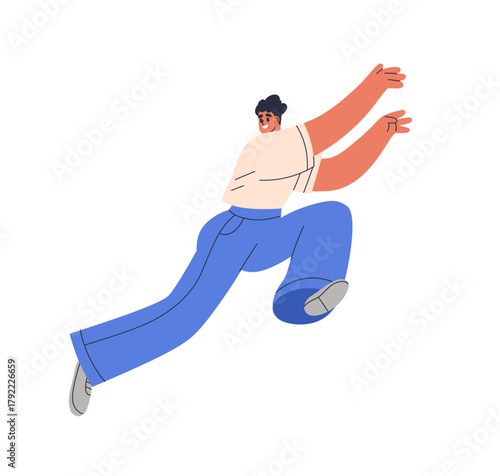 Man running away fast, jumping up, looking back. Energetic active happy chara...