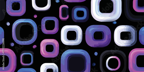 Patrón abstracto de cuadrados redondeados de colores vibrantes sobre fondo oscuro.