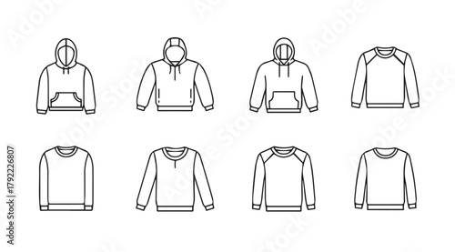 Collection of eight different hoodie and sweatshirt outlines silhouette